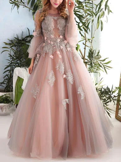 Appliques Flower Pink Tulle Lace Long Sleeves Prom Dress Appliques Flower Pink Tulle Lace Long Sleeves Prom Dress