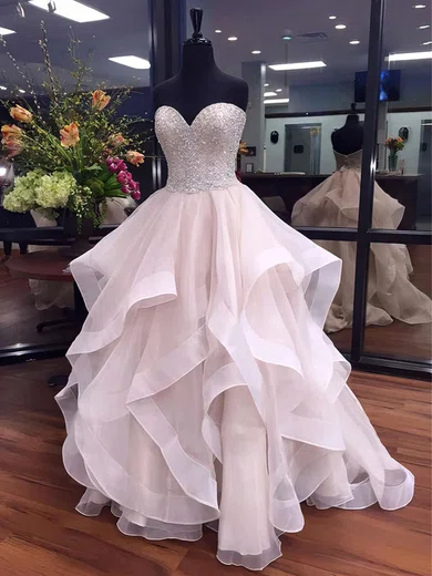 Ball Gown Strapless Tulle Ruffle Tiered Prom Dresses With Beading #Milly020103055