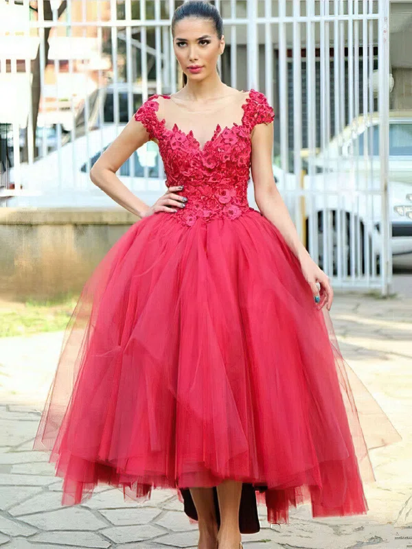 Ball Gown Scoop Neck Tulle Asymmetrical Appliques Lace Red Different Prom Dresses #Milly020103057