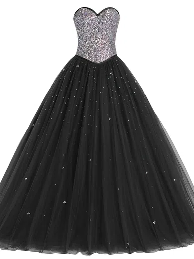 Black Ball Gown Strapless Sequin Tulle Beaded Prom Dresses #Milly020103058