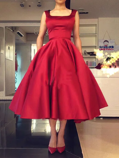 Square Tea Length Fuchsia Short Sleeve Satin Homecoming Dress Square Tea Length Fuchsia Short Sleeve Satin Homecoming Dress