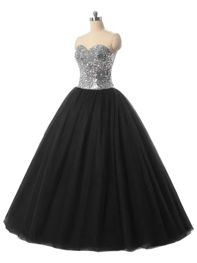 Black Ball Gown Strapless Sequin Tulle Prom Dresses With Beading #Milly020103062