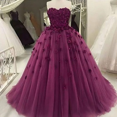 Ball Gown Sweetheart Tulle Floor-length Flower(s) Fabulous Prom Dresses #Milly020103066