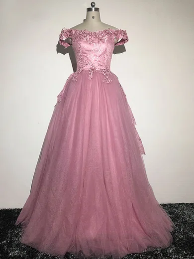 Ball Gown Off-the-shoulder Lace Tulle Prom Dresses With Appliques #Milly020103068