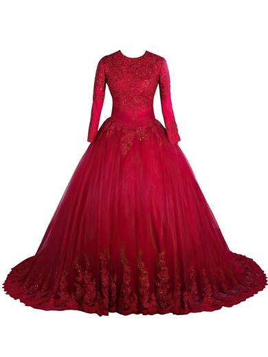 Classy Ball Gown Scoop Neck Tulle Sweep Train Appliques Lace Long Sleeve Prom Dresses #Milly020103070
