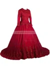 Classy Ball Gown Scoop Neck Tulle Sweep Train Appliques Lace Long Sleeve Prom Dresses #Milly020103070
