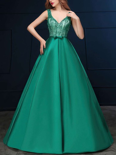 Ball Gown V-neck Satin Floor-length Beading Prom Dresses #Milly020103072