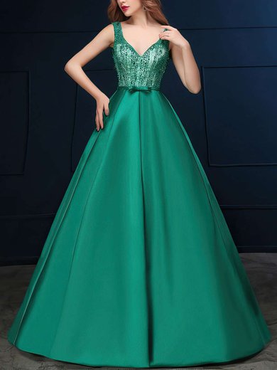 Ball Gown V-neck Satin Floor-length Beading Prom Dresses #Milly020103072