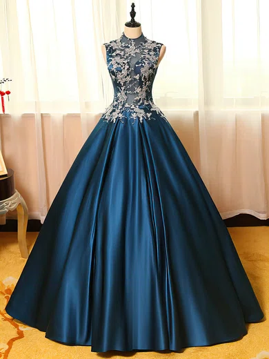 Ball Gown High Neck Satin Tulle Cut Out Prom Dresses With Appliques #Milly020103086