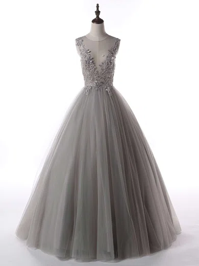 Ball Gown Illusion Floor-length Tulle Prom Dresses With Appliques #Milly020103089