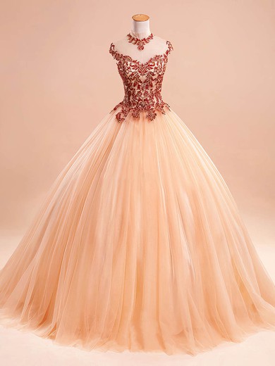 Ball Gown High Neck Tulle Floor-length Appliques Lace Popular Prom Dresses #Milly020103093