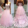 Prettiest Ball Gown Sweetheart Tulle Sweep Train Appliques Lace Pink Prom Dresses #Milly020103097