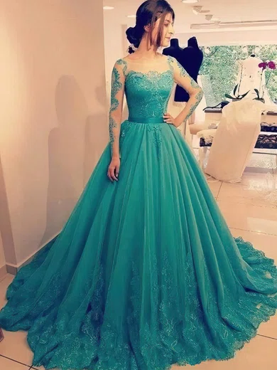 Ball Gown Scoop Neck Tulle Sweep Train Appliques Lace Long Sleeve Modest Prom Dresses millybridal