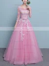 Pretty Ball Gown Scoop Neck Tulle Floor-length Appliques Lace 3/4 Sleeve Prom Dresses #Milly020103100