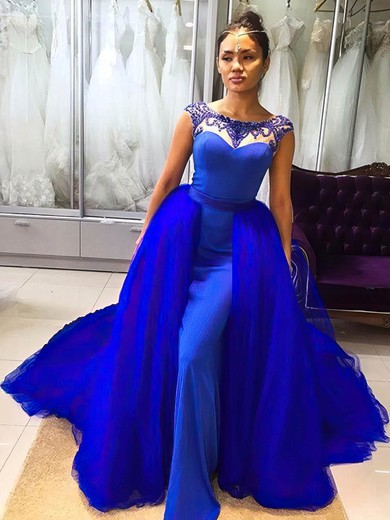 Ball Gown Scoop Neck Tulle Silk-like Satin Detachable Beading Royal Blue Modern Prom Dresses #Milly020103101