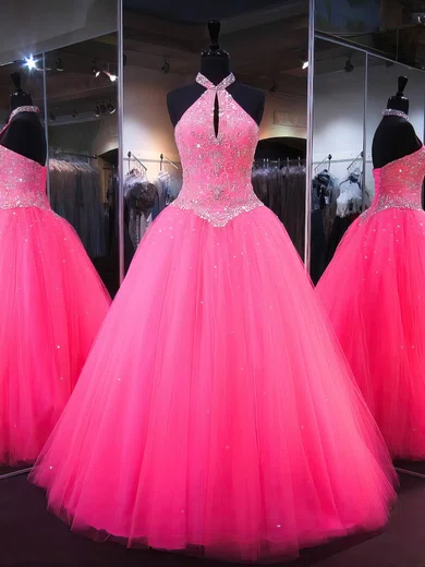 Ball Gown Halter Tulle Floor-length Cut Out Beaded Prom Dresses #Milly020103105