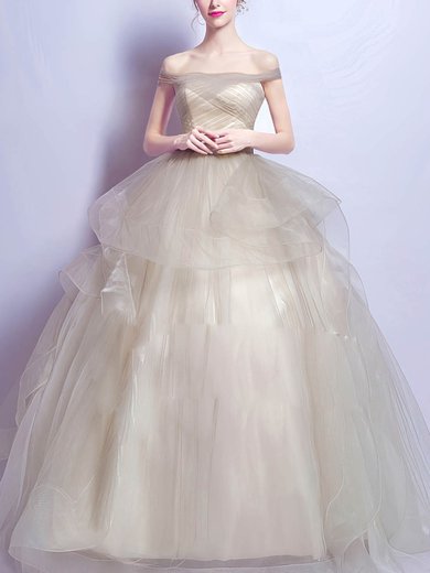 Ball Gown Off-the-shoulder Tulle Floor-length Tiered Lace-up Affordable Prom Dresses #Milly020103111