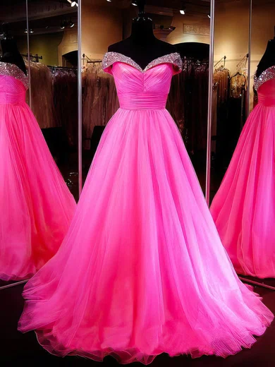 Ball Gown Off-the-shoulder Tulle Prom Dresses With Beading #Milly020103112