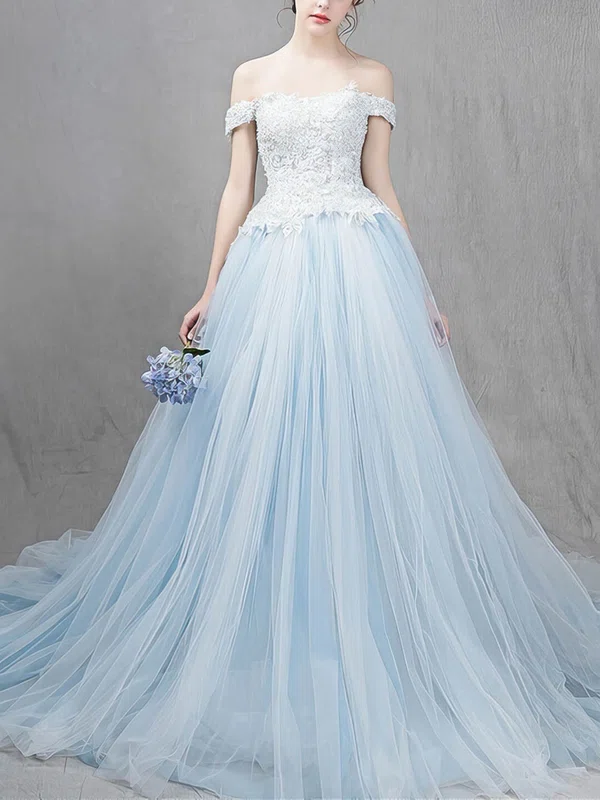 Ball Gown Off-the-shoulder Tulle Court Train Appliques Lace Fashion Prom Dresses #Milly020103115