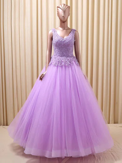 Ball Gown V-neck Floor-length Tulle Prom Dresses With Appliques #Milly020103118