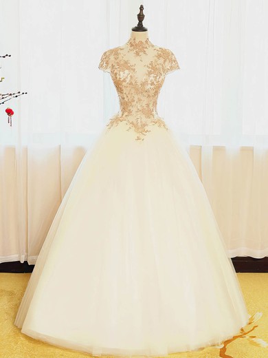 Ball Gown High Neck Tulle Floor-length Appliques Lace Cap Straps Fashion Prom Dresses #Milly020103121