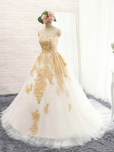 Ball Gown Sweetheart Tulle Sweep Train Appliques Lace Discounted Prom Dresses #Milly020103122
