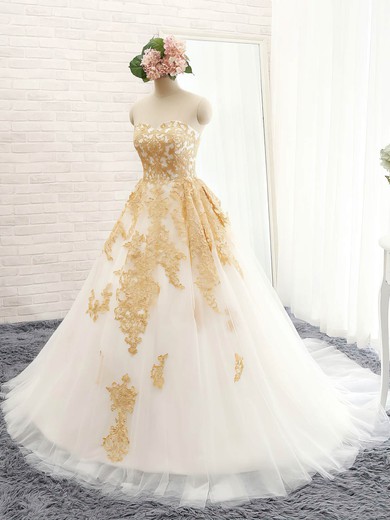 Ball Gown Sweetheart Tulle Sweep Train Appliques Lace Discounted Prom Dresses #Milly020103122