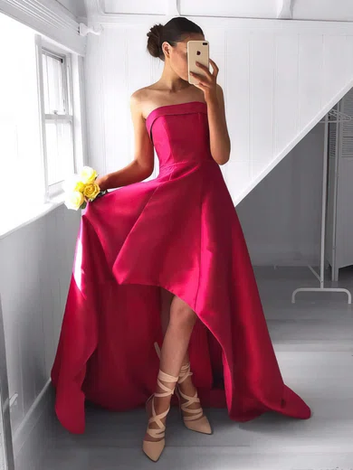 A-line Strapless Satin Asymmetrical Prom Dresses #Milly020103124