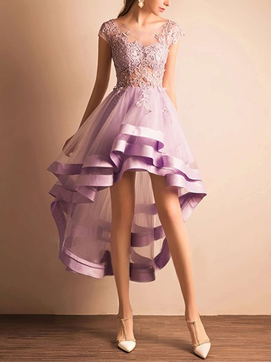 A-line Scoop Neck Tulle Asymmetrical Appliques Lace Prom Dresses #Milly020103141