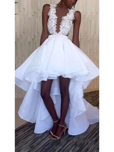 Princess Scoop Neck Satin Tulle Asymmetrical Appliques Lace Prom Dresses #Milly020103159