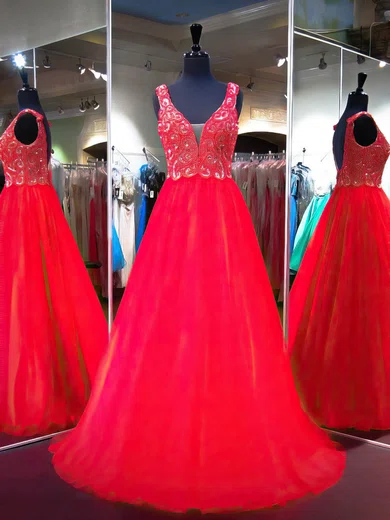 Red Ball Gown V-neck Backless Tulle Prom Dresses With Beading #Milly020103222