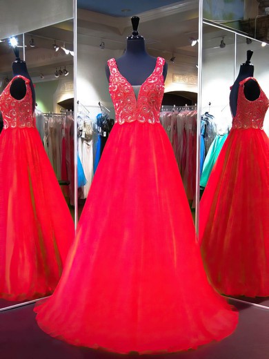 Princess V-neck Tulle Sweep Train Crystal Detailing Red Backless Boutique Prom Dresses #Milly020103222