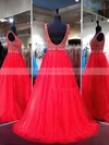 Princess V-neck Tulle Sweep Train Crystal Detailing Red Backless Boutique Prom Dresses #Milly020103222