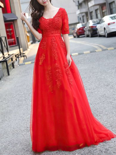 Princess V-neck Tulle Floor-length Appliques Lace Prom Dresses #Milly020103229