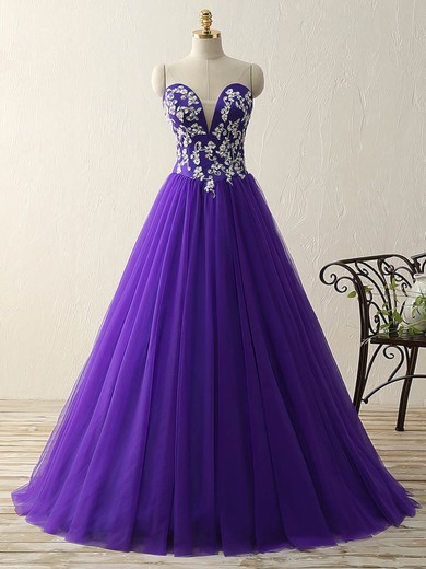 Ball Gown V-neck Tulle Floor-length Appliques Lace Prom Dresses #Milly020103239