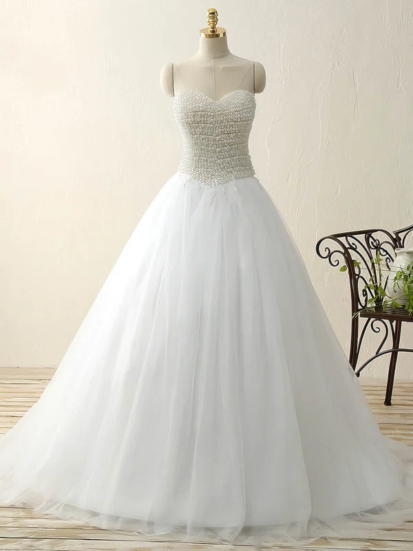 Trendy Princess Sweetheart Tulle Sweep Train Pearl Detailing White Prom Dresses #Milly020103240