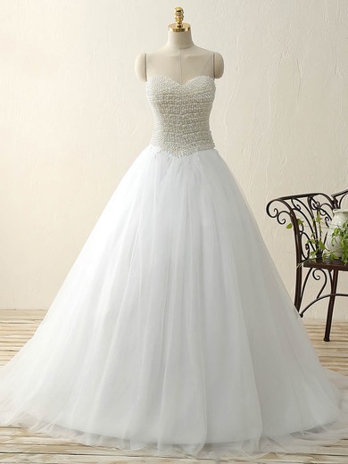 Trendy Princess Sweetheart Tulle Sweep Train Pearl Detailing White Prom Dresses #Milly020103240
