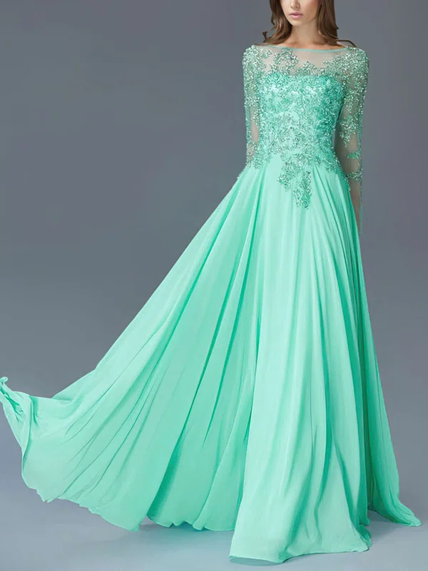 A-line Scoop Neck Chiffon Floor-length Appliques Lace Prom Dresses #Milly020103242