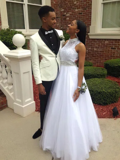 Princess High Neck Tulle Floor-length Beading Prom Dresses #Milly020103258