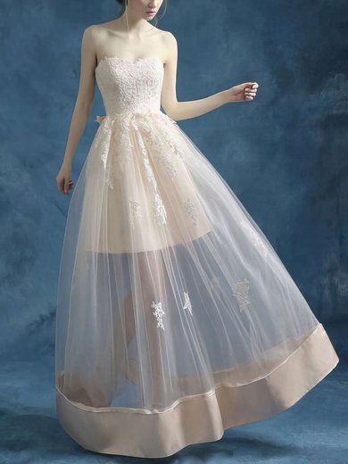 A-line Sweetheart Satin Tulle Floor-length Appliques Lace Prom Dresses #Milly020103259