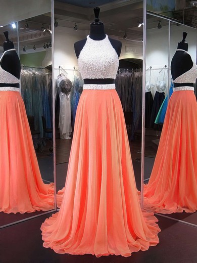A-line Halter Chiffon Sweep Train Crystal Detailing Prom Dresses #Milly020103270