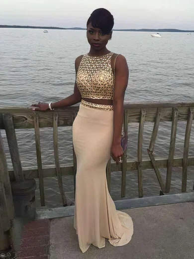 Sheath/Column Scoop Neck Jersey Sweep Train Beading Prom Dresses #Milly020103281