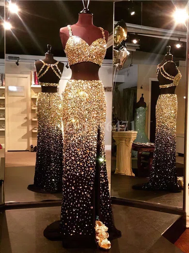 Sheath/Column Sweetheart Tulle Two Piece Prom Dresses With Beading #Milly020103282