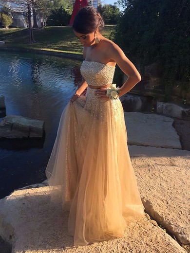 A-line Strapless Tulle Floor-length Beading Prom Dresses #Milly020103286