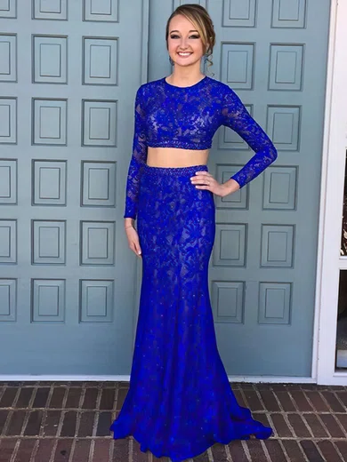 Sheath/Column Scoop Neck Lace Floor-length Beading Prom Dresses #Milly020103287
