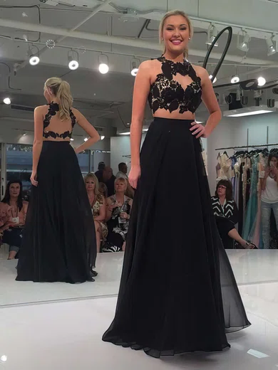 A-line Scoop Neck Chiffon Floor-length Appliques Lace Prom Dresses #Milly020103294
