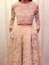A-line Scoop Neck Lace Sweep Train Pockets Prom Dresses #Milly020103303