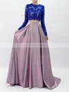 Ball Gown Scalloped Neck Satin Tulle Sweep Train Appliques Lace Prom Dresses #Milly020103307