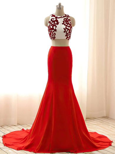 Trumpet/Mermaid Scoop Neck Chiffon Sweep Train Appliques Lace Prom Dresses #Milly020103315