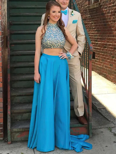 A-line High Neck Silk-like Satin Sweep Train Crystal Detailing Prom Dresses #Milly020103316